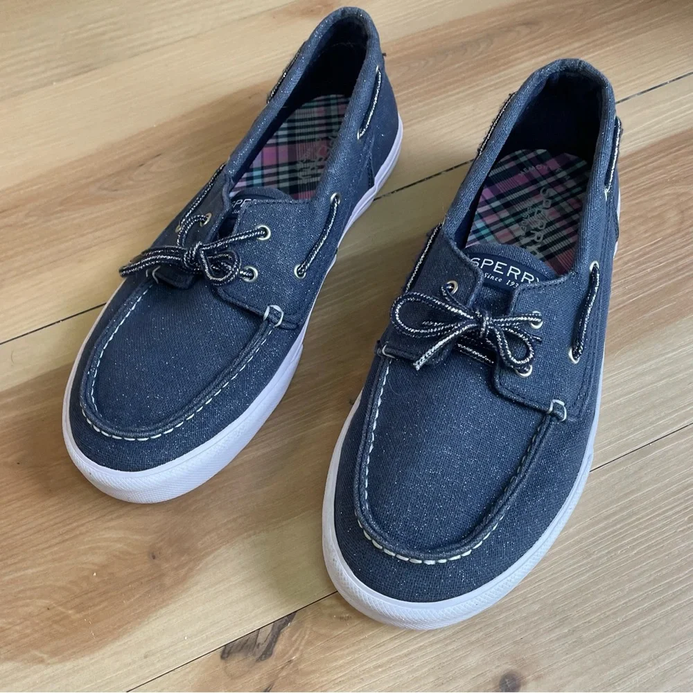 Sperry Women/girl’s Bahama Boat Shoe Slip On Loafer Navy Shimmer Sz 5.5
